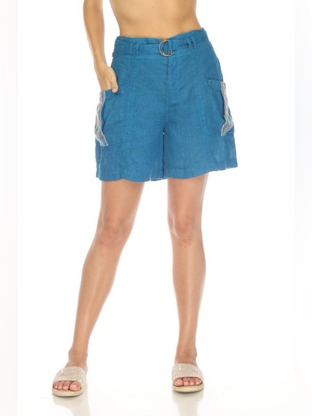 Johnny Was JW Los Angeles Ceretti Belted Cargo Shorts Small Blue Tribal Linen